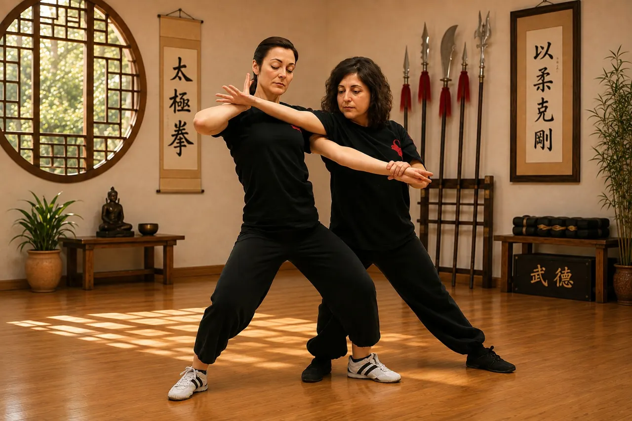Dos practicantes haciendo una técnica de defensa personal en una sala de kung fu