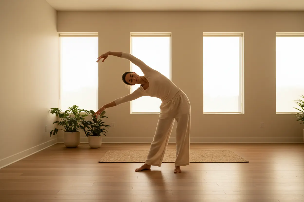 Mujer haciendo un estiramiento lateral en una sala luminosa