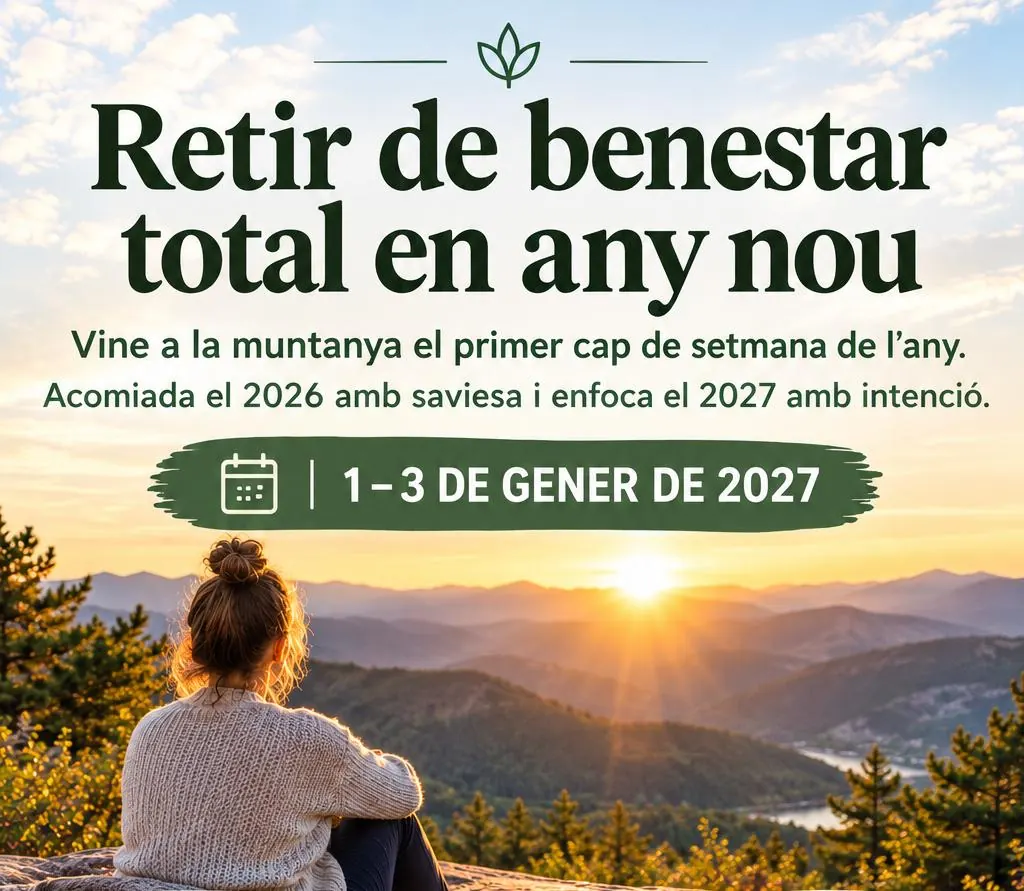 Cartell del Retir de benestar total en Any Nou, de l'1 al 3 de gener de 2027, amb una noia mirant la posta de sol a la muntanya