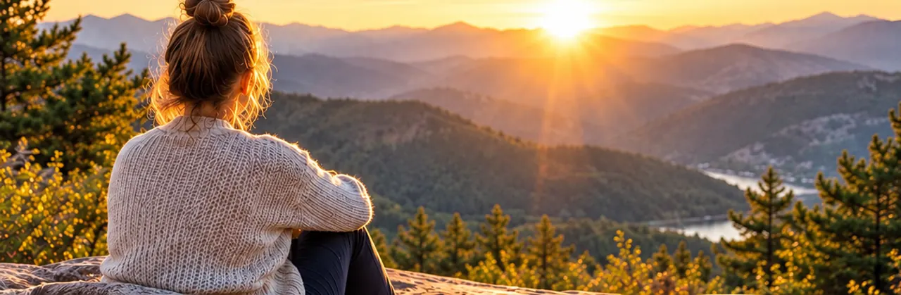 Chica de espaldas sentada en lo alto de una montaña mirando la puesta de sol