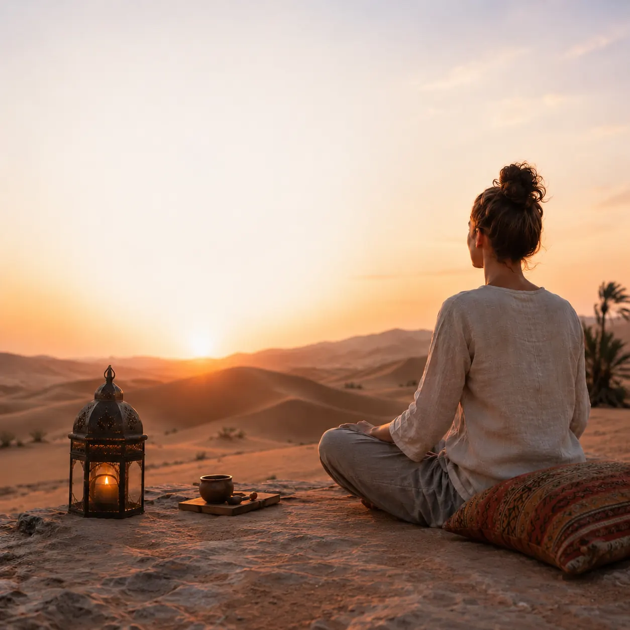 Mujer meditando en el desierto ante la puesta de sol
